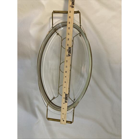 VINTAGE PYREX 16” CHAFING DISH 3 QT W/ STAND WARMER HOLDERS GOLD BRONZE USA - Picture 4 of 6